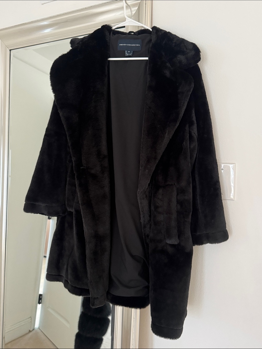 French Connection Black Faux Fur Hooded Cape Coat